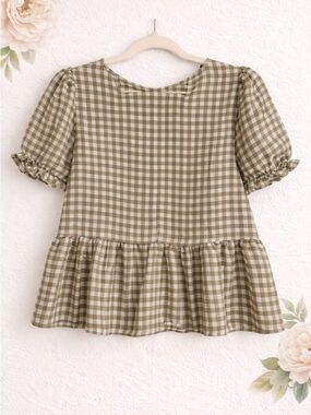 Olive Gingham Puff Sleeve Peplum Top | Tie Back | Size Small NWOT